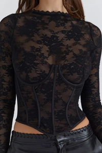 Detail of floral lace mesh bodice with structured boning and long sheer sleeves