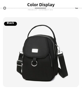 Macro view of black waterproof nylon mini bag showing zipper details and metallic ring pulls