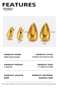 Detailed size specifications for 18K gold plated stainless steel teardrop earrings