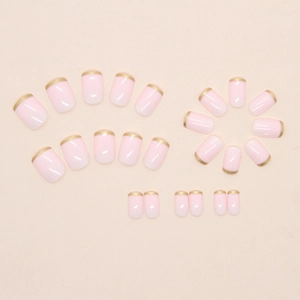 24pcs short square round press-on nails in soft pink with elegant gold French tips