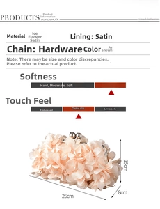 Pink satin evening clutch with 3D floral petals and size 26x15x8cm details