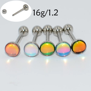 Five 16G stainless steel barbells with colorful iridescent oil drip balls and metal ends
