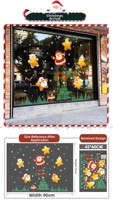 Detailed view of Merry Christmas window stickers showing layout size 90x75cm for shop decor