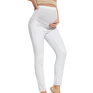 White high-waisted maternity jeans with belly support and elastic slim fit stretch design