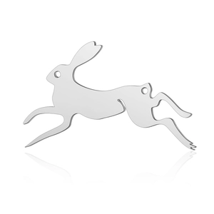 Close-up of a polished stainless steel jumping rabbit pendant with reflective silver finish