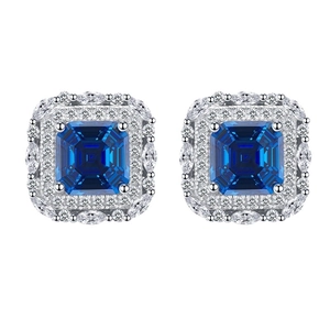 Royal blue square stud earrings with marquise and round cut brilliant zircons
