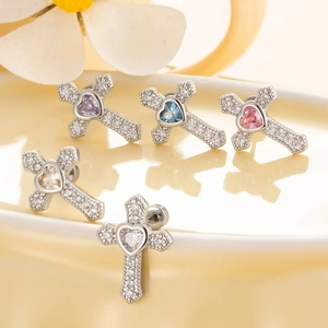Silver stainless steel cross stud earrings with colorful heart zircon inlays