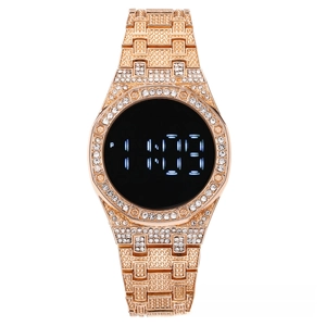 Close-up of rose gold iced-out digital watch featuring white LED time display