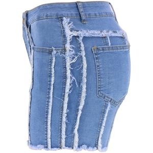 Slim fit high waist light blue denim shorts with decorative frayed seams and fringe detail
