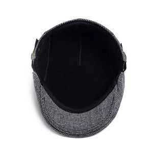 Classic grey plaid wool flat cap with warm black lining and premium metal buckle detail