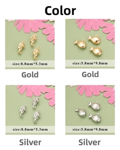 Detailed view of seahorse and fish charms in gold and silver for DIY jewelry