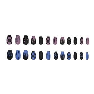 24pcs long coffin matte press-on nails with blue flame heart graffiti and checkerboard design