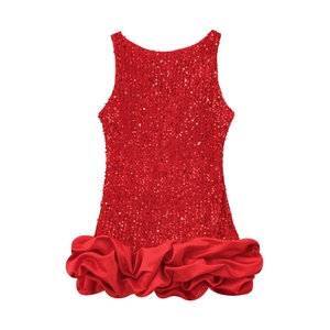 Robe rouge sans manches à paillettes pour fille avec jupe rosette volumineuse pour fête