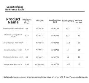 Size comparison chart for warm alpaca pet beds showing diverse dimensions and weights