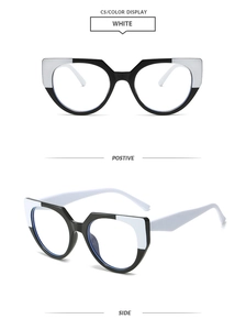 Detailed front and side views of stylish cat-eye TR90 frames in black and white finish