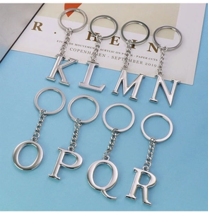 Detailed view of silver metal letter keychains K to R on a minimalist blue background