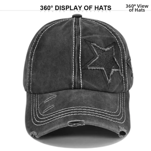 Close-up of distressed dark grey baseball cap with star patch and white stitching