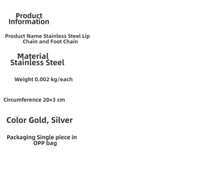 Detailed specifications for stainless steel lip-chain anklet including weight and size info