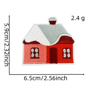Detail of red house embroidery patch with precise dimensions 5.9cm by 6.5cm