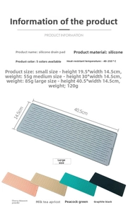 Detailed size chart for silicone draining mats showing dimensions for small, medium, and large