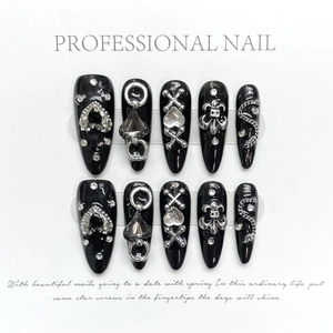 Gothic Black Press On Nails Handmade Stiletto Glossy With Silver Alloy Charms Cross Heart Punk Style For Women