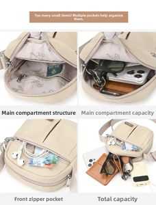 Detailed interior views of beige nylon crossbody bag showing pockets and storage capacity