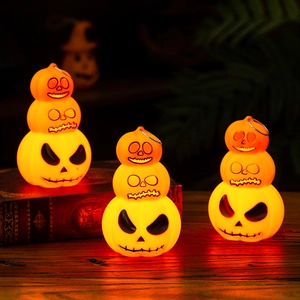 Halloween Pumpkin Lantern Stacked Triple Layer Plastic Flashing LED Light Hanging Ornament Party Prop