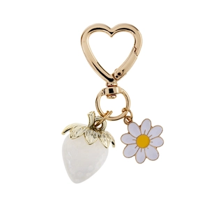 Cute strawberry heart keychain with white daisy charm and metallic alloy ring holder