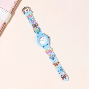 Detail of light blue silicone strap with colorful 3D butterfly and flower patterns