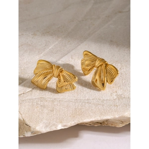 Elegant 18k gold-plated stainless steel bow earrings with a brushed metal texture