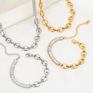 Titanium coffee bean link necklace and bracelet set with sparkling zircon in gold and silver
