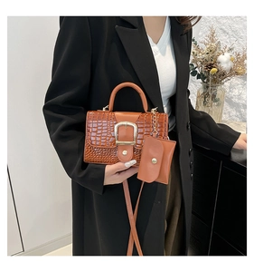 Detailed close-up of brown crocodile texture handbag featuring a golden square buckle