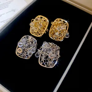 French vintage 18k gold plated rectangular openwork crystal earrings in jewelry box