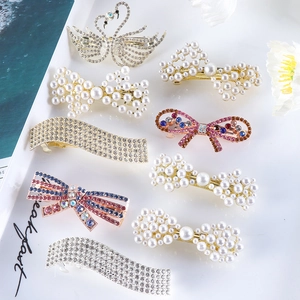 Elegant Rhinestone Artificial Pearl Hair Clips Bowknot Swan Wave Metal Spring Barrettes Korean Style Headwear For Women
