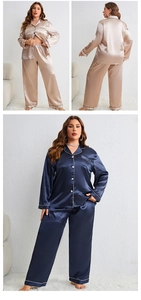 Detail view of satin pajama set with contrast piping and button-down collar in plus sizes