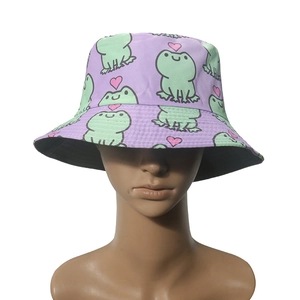 Cute purple frog bucket hat with pink heart prints and sun protection for women