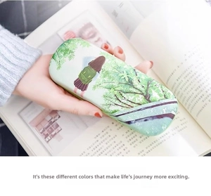 Artistic illustration eyeglass case with floral girl design and textured matte finish