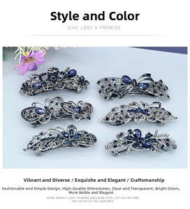 Lot de six barrettes vintage en alliage argenté avec strass bleus en formes de fleurs et papillons