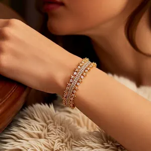 Luxury 18k gold plated multi-layer bangle with sparkling pavé zircons for women