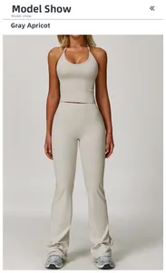 Slim fit halter neck yoga top and high waist flared sports trousers in grey apricot set