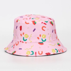 Detailed close-up of pink bucket hat with colorful nice graffiti and artistic patterns