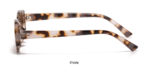 Side view of tortoise shell oval sunglasses showing frame thickness and E2032 model