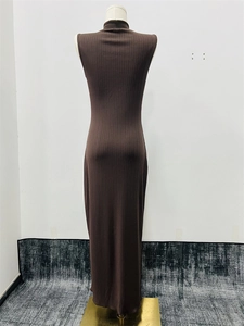 Detailed texture of dark brown ribbed knit sleeveless turtleneck midi dress on mannequin