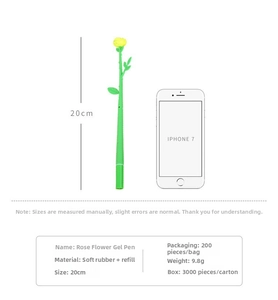 Size comparison and specifications of the yellow rose silicone gel ink pen for office