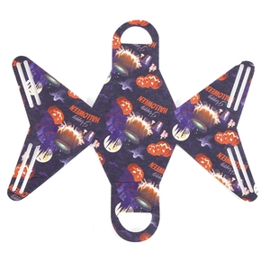 Flat lay of Halloween paper gift boxes with orange pumpkin and purple witch cauldron prints