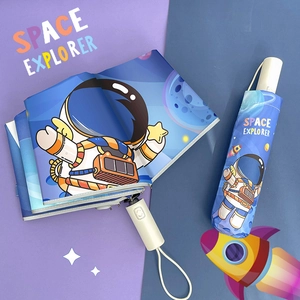 Children Folding Umbrella Polyester Reflective Strip Automatic Anti Rebound Sun Rain Protection Cartoon Space Students