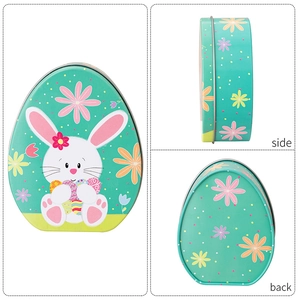 Detailed views of Easter rabbit egg-shaped tin box showing front, side and back designs
