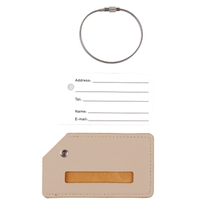 Close-up of beige PU leather luggage tag set with metal wire loop and address card