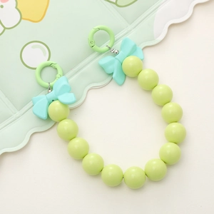 Candy-colored acrylic beaded phone strap with light green beads and mint bow decorations