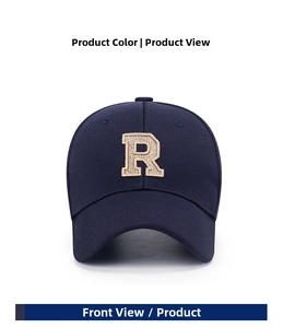 Detail of the high-quality gold 3D metal thread R letter embroidery on a navy baseball cap